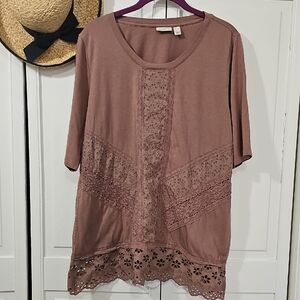 LOGO by Lori Goldstein Dusty Rose Lace Tunic 60% Cotton!